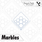 Continuous line in blue titled 'Marbles' by Penguin Feats, featuring geometric shapes and circles.