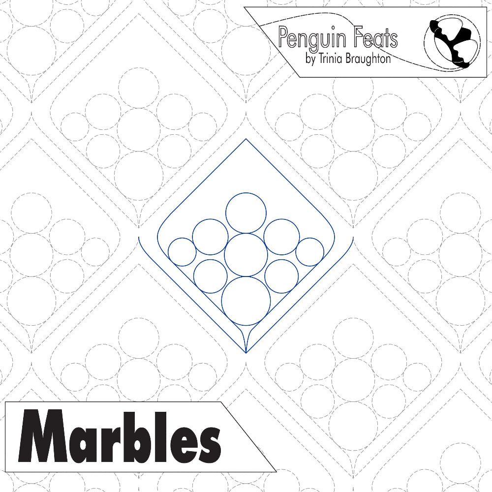 Continuous line in blue titled 'Marbles' by Penguin Feats, featuring geometric shapes and circles.
