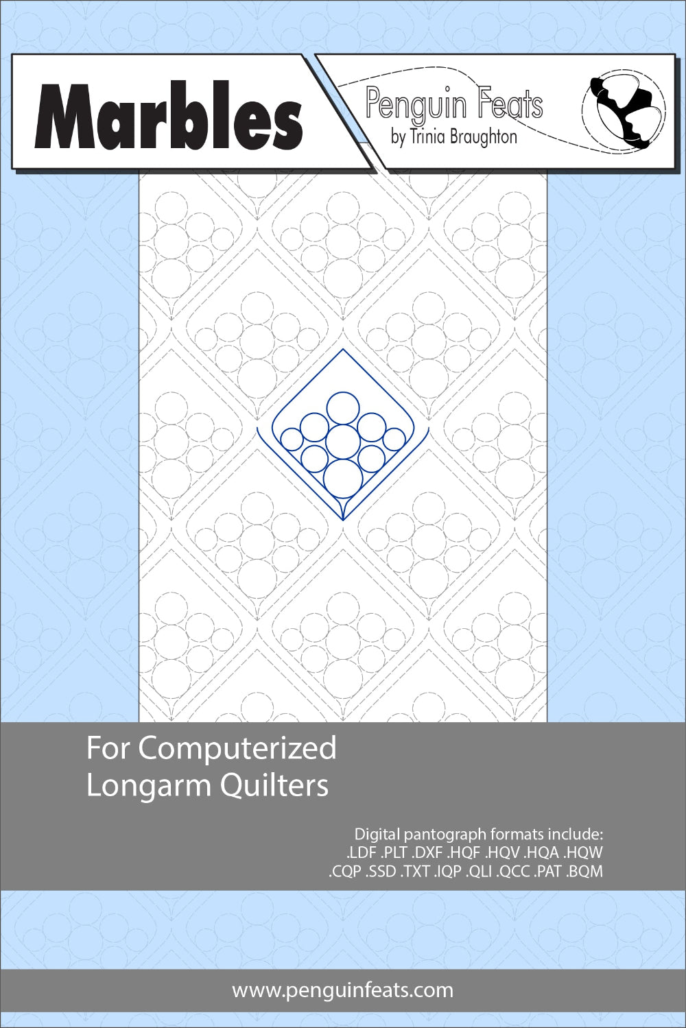 Pattern sheet for computerized longarm quilters with a geometric design on a light blue background.