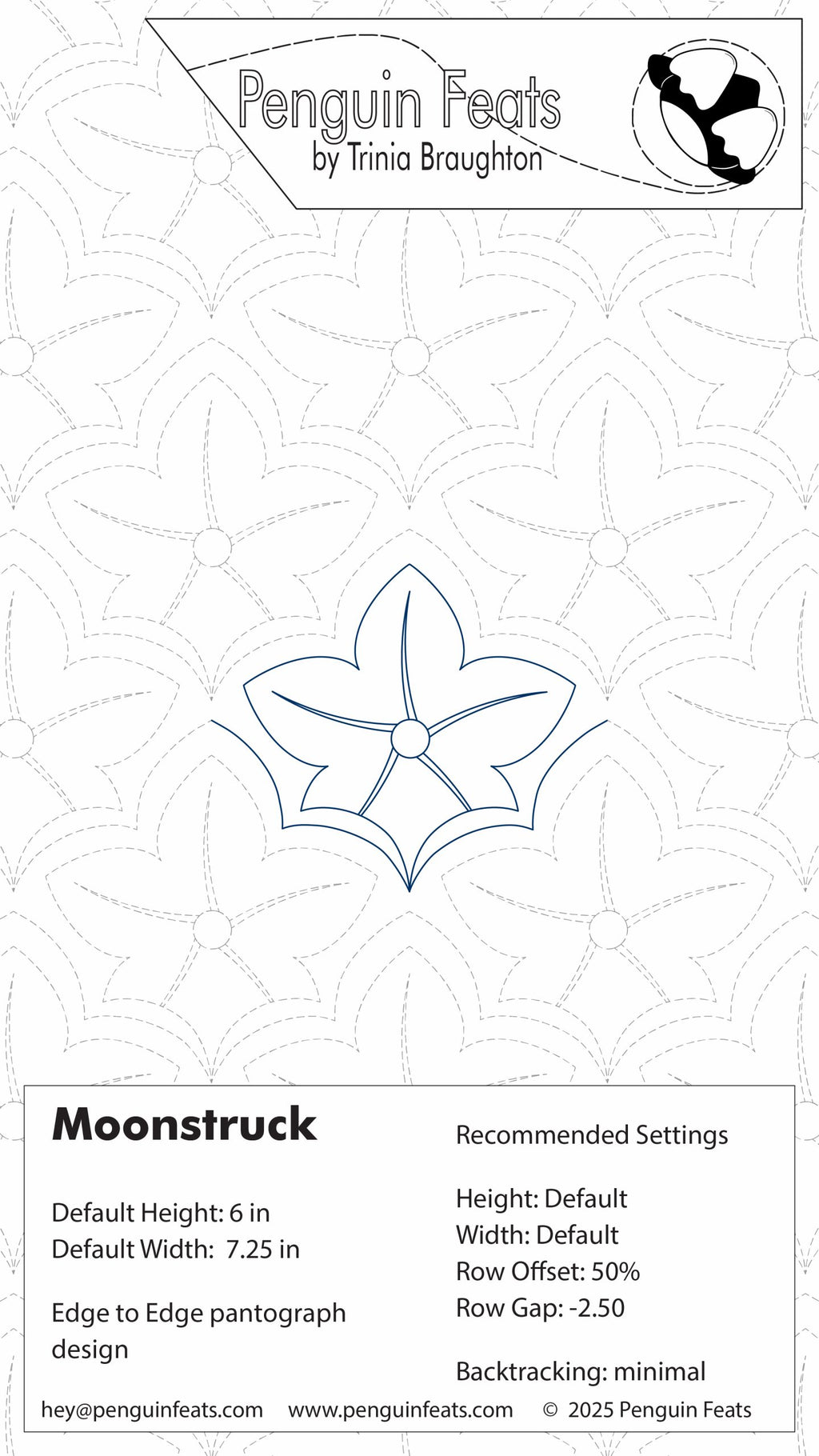 Moonstruck design sheet with settings and Penguin Feats branding 