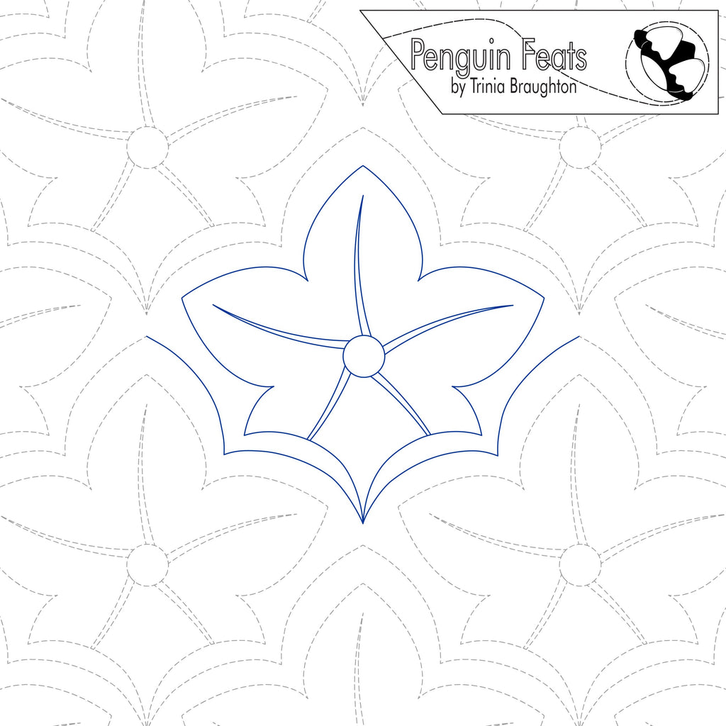 Quilting pantograph pattern with a blue flower design on a white background, featuring the 'Penguin Feats' logo.
