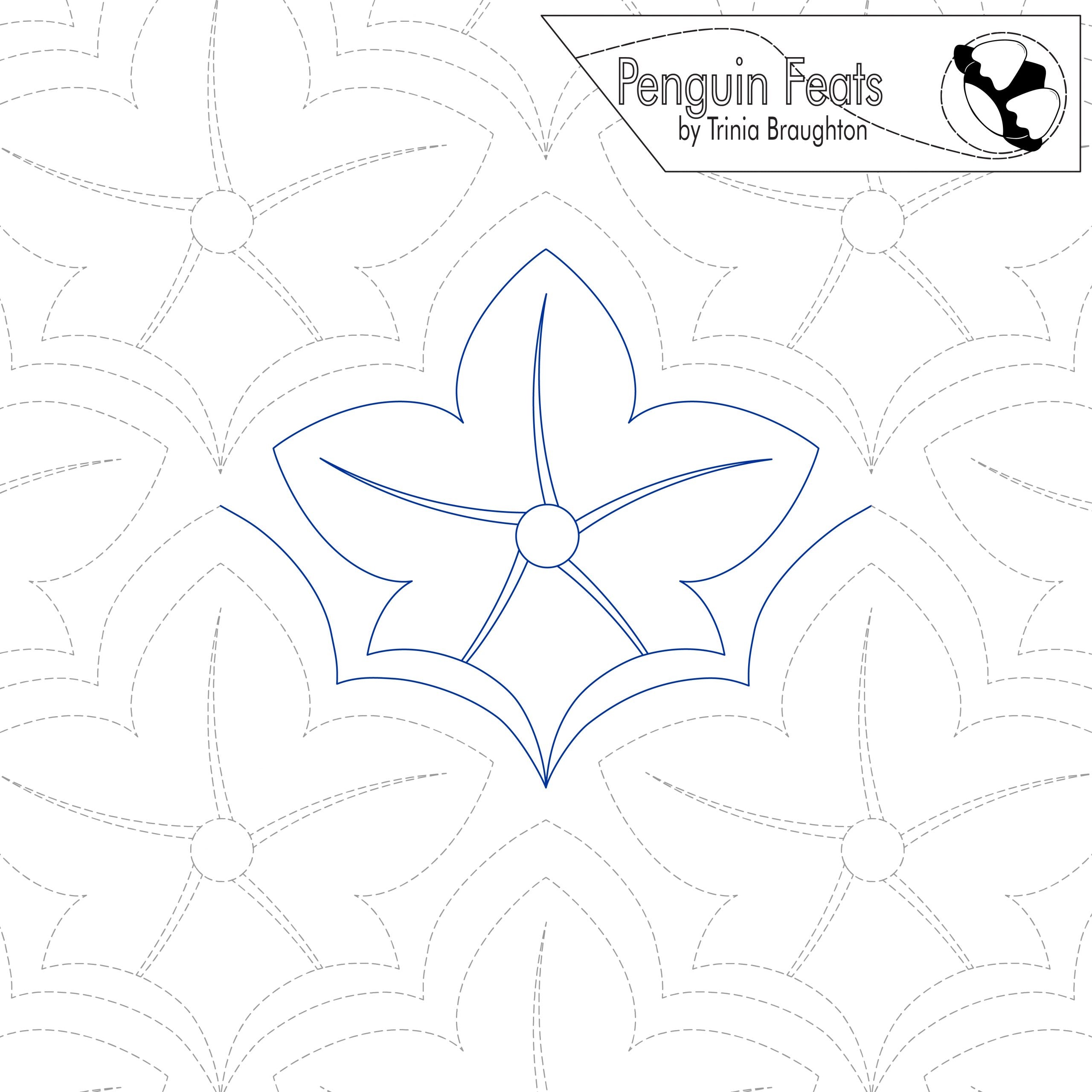 Quilting pantograph pattern with a blue flower design on a white background, featuring the 'Penguin Feats' logo.