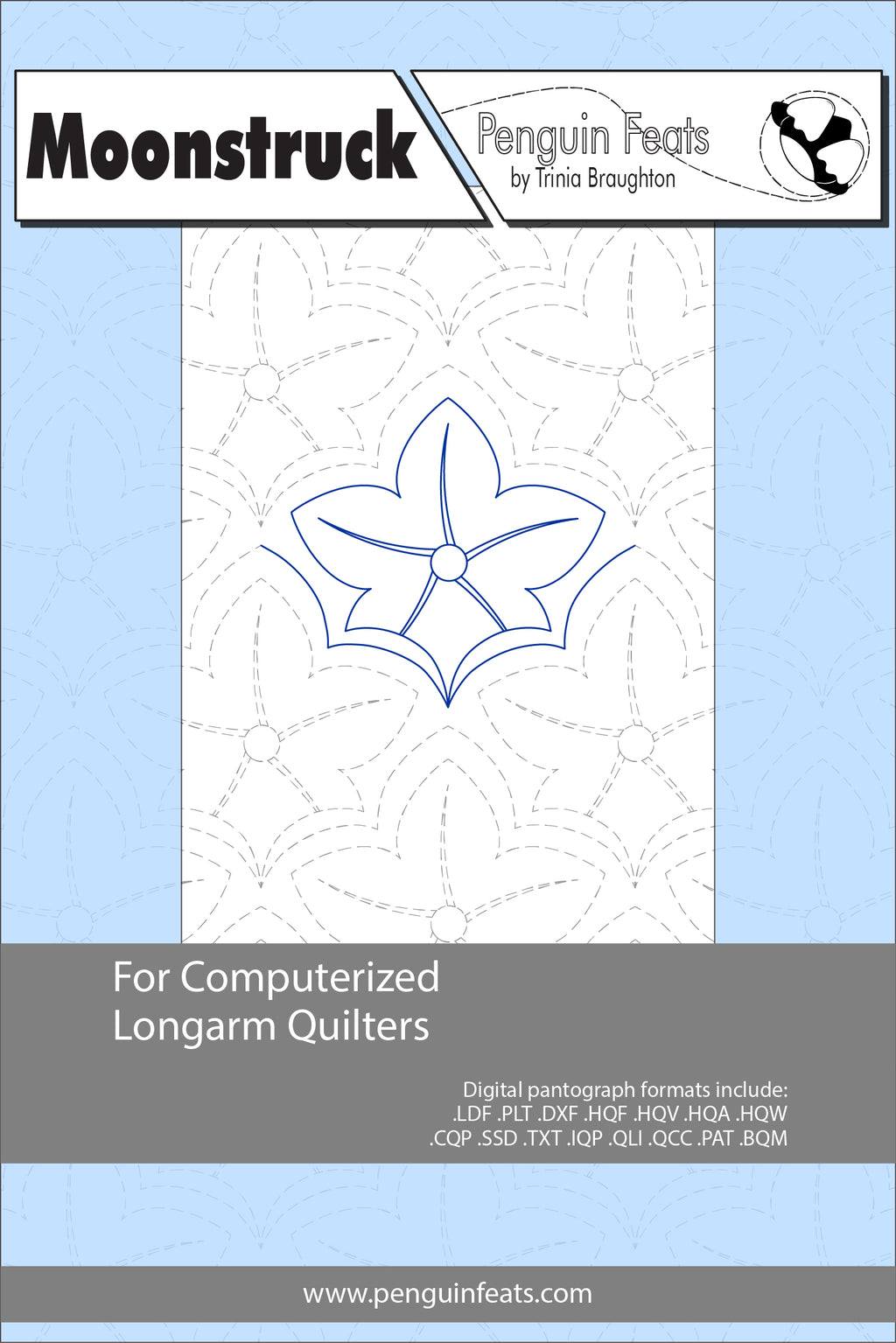 Design for computerized longarm quilters with a blue flower pattern on a light gray background.