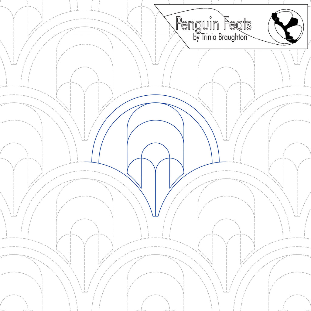 Quilting design with arches and 'Penguin Feats' branding
