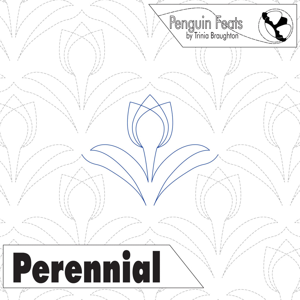 Outline of a tulip flower with 'Perennial' text on a patterned background, featuring the brand 'Penguin Feats'.