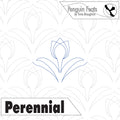 Outline of a tulip flower with 'Perennial' text on a patterned background, featuring the brand 'Penguin Feats'.