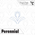 Outline of a tulip flower with 'Perennial' text on a patterned background, featuring the brand 'Penguin Feats'.