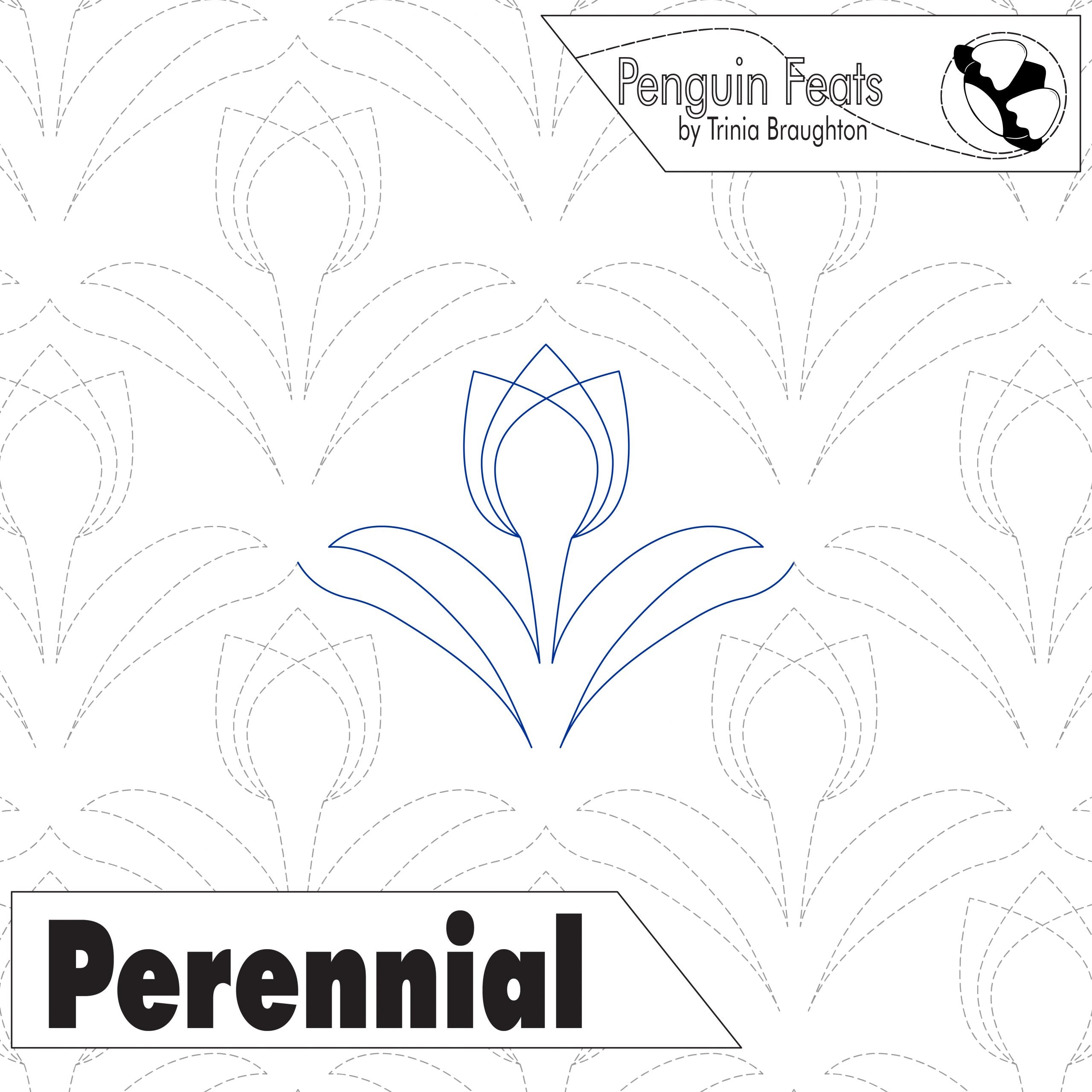 Outline of a tulip flower with 'Perennial' text on a patterned background, featuring the brand 'Penguin Feats'.