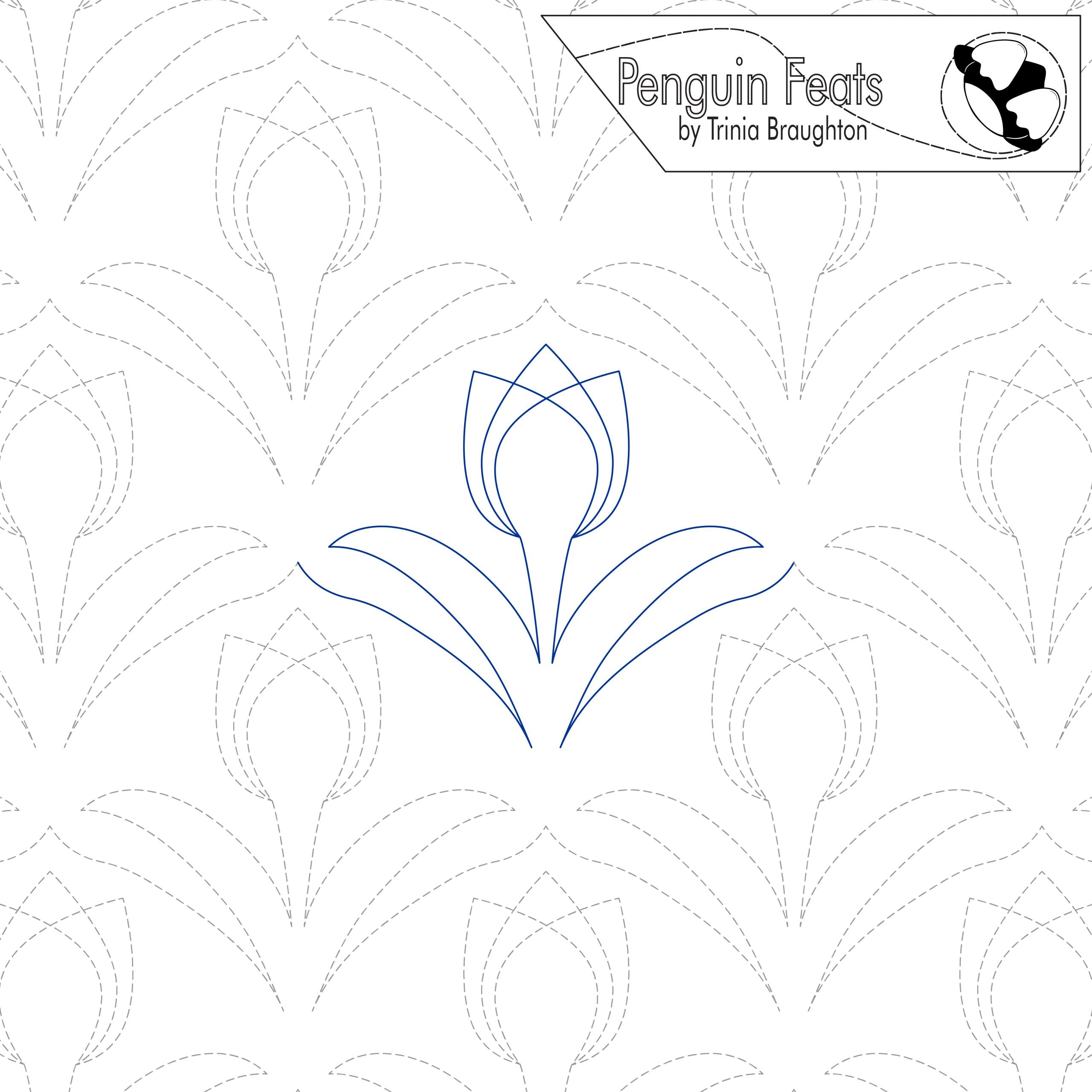 Outline of a tulip on a patterned background with 'Penguin Feats' branding.