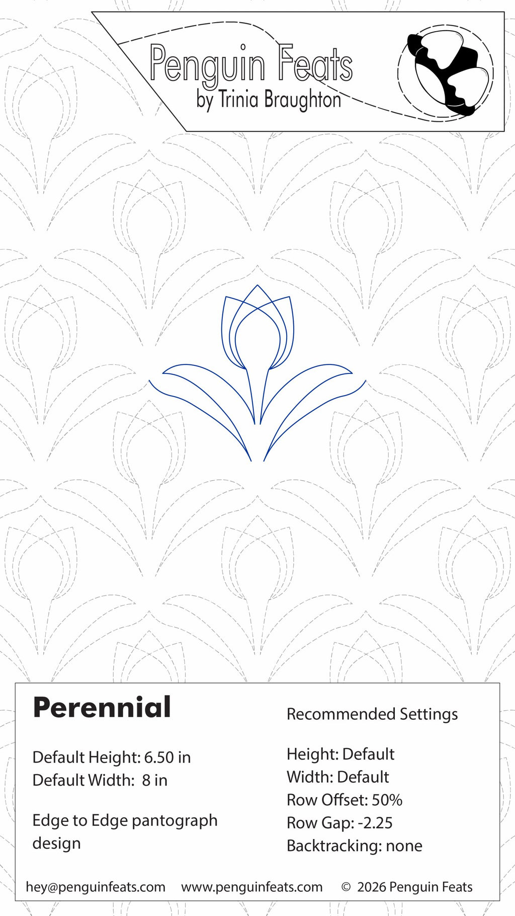 Quilting design settings with a flower pattern and branding information.