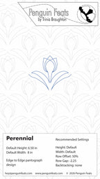 Quilting design settings with a flower pattern and branding information.