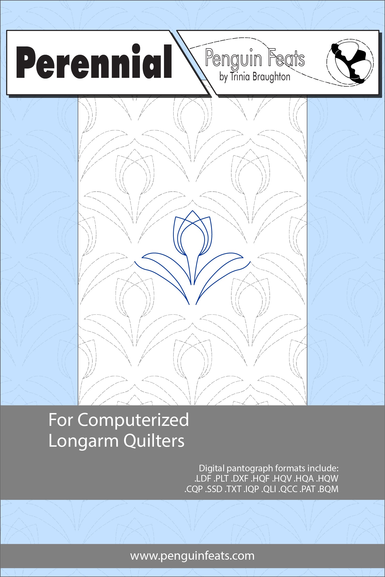 Design pattern for computerized longarm quilters with a blue flower symbol on a light blue background.