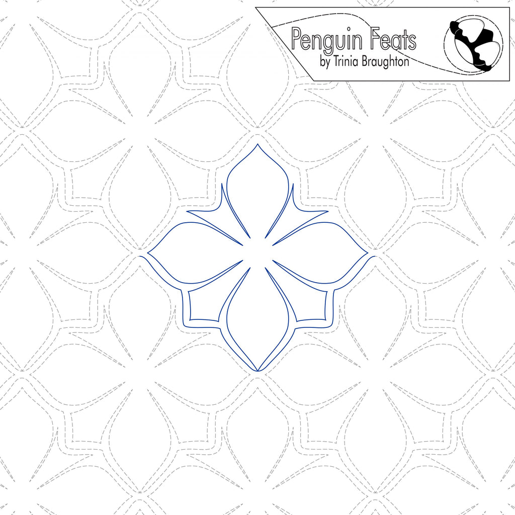 Design pattern with geometric shapes on a white background, featuring the brand 'Penguin Feats' by Trinia Braughton.