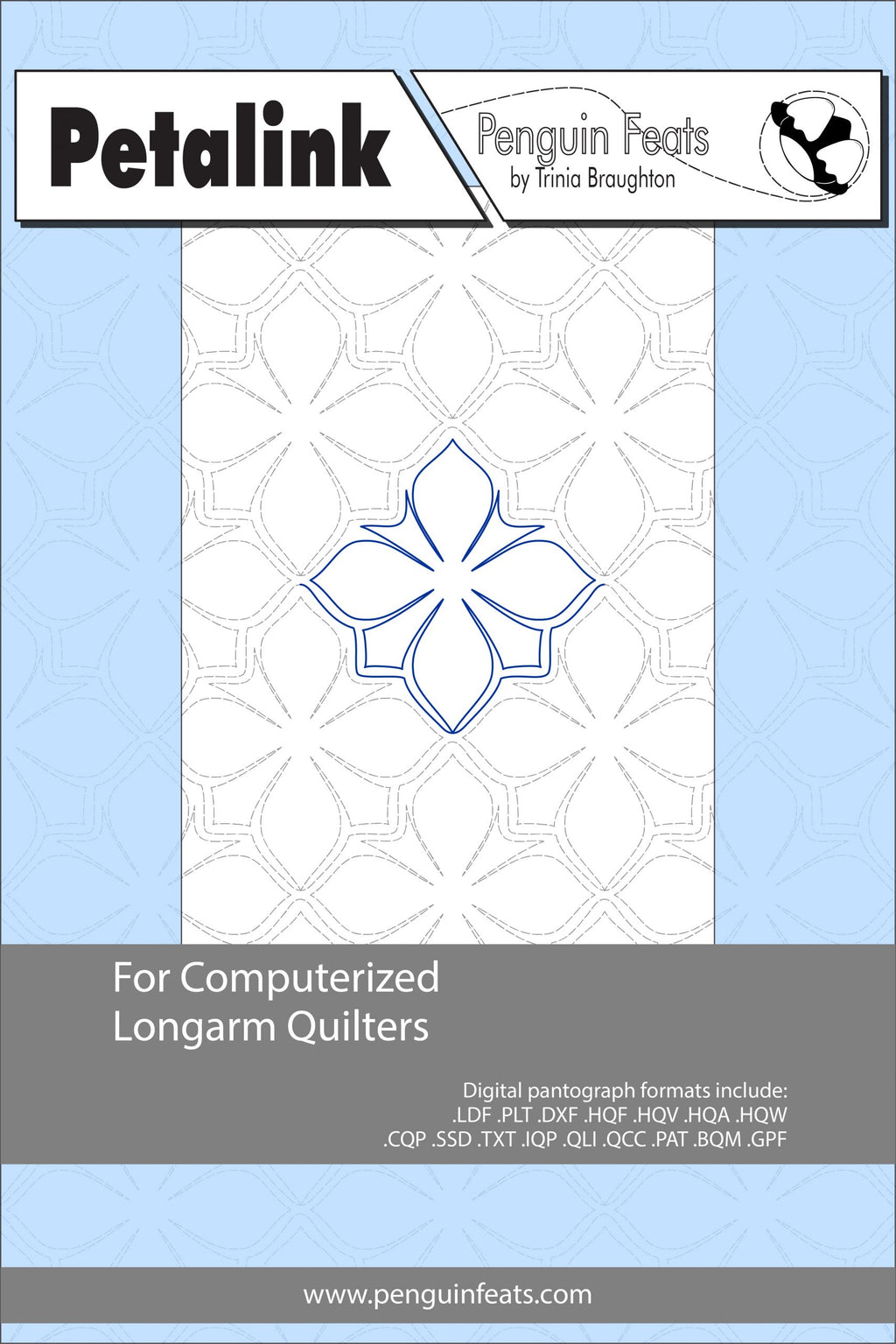 Penguin Feats by Trinia Braughton pattern sheet for computerized longarm quilters with a blue and white design on a light blue background.