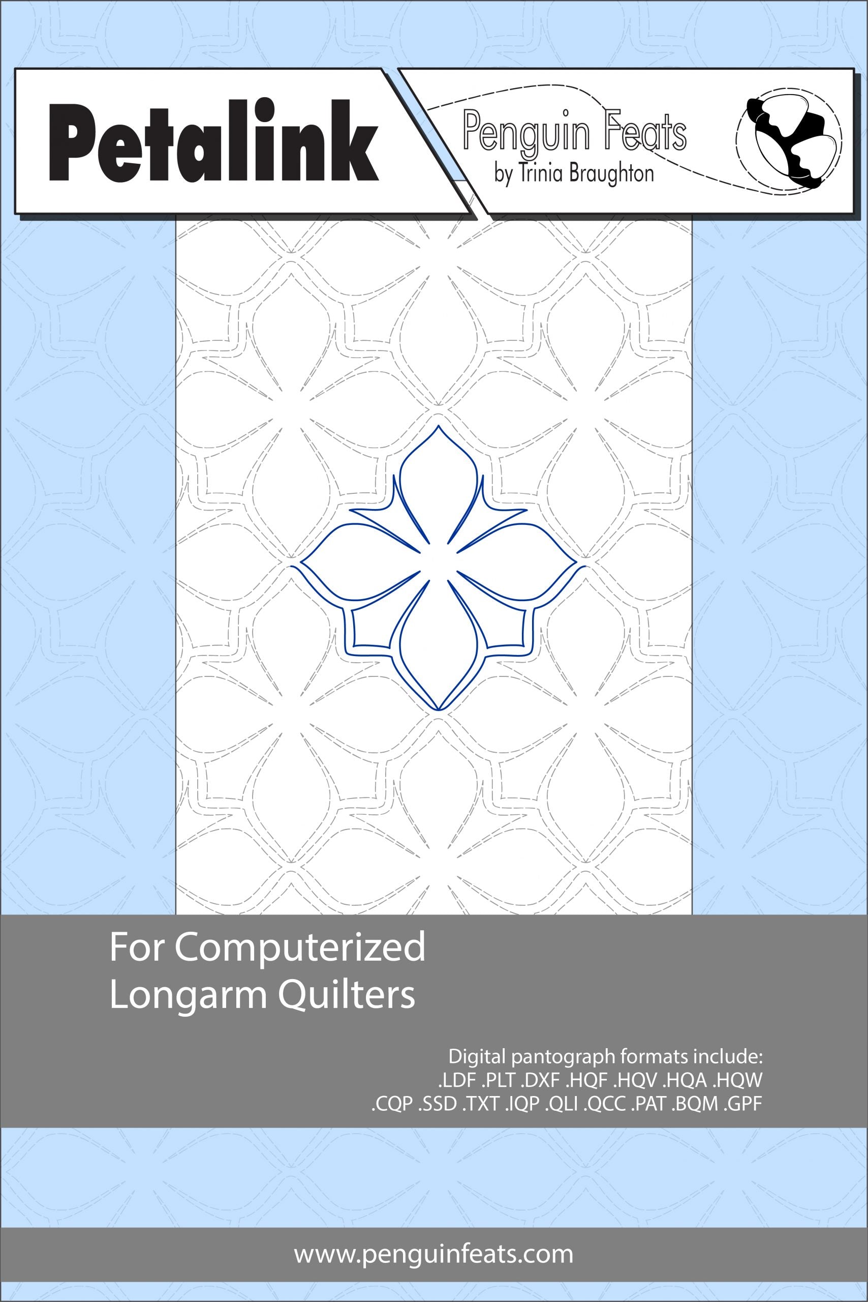 Penguin Feats by Trinia Braughton pattern sheet for computerized longarm quilters with a blue and white design on a light blue background.