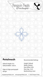 Quilting design pattern with geometric shapes on a white background, featuring the brand 'Penguin Feats' by Trinia Braughton.
