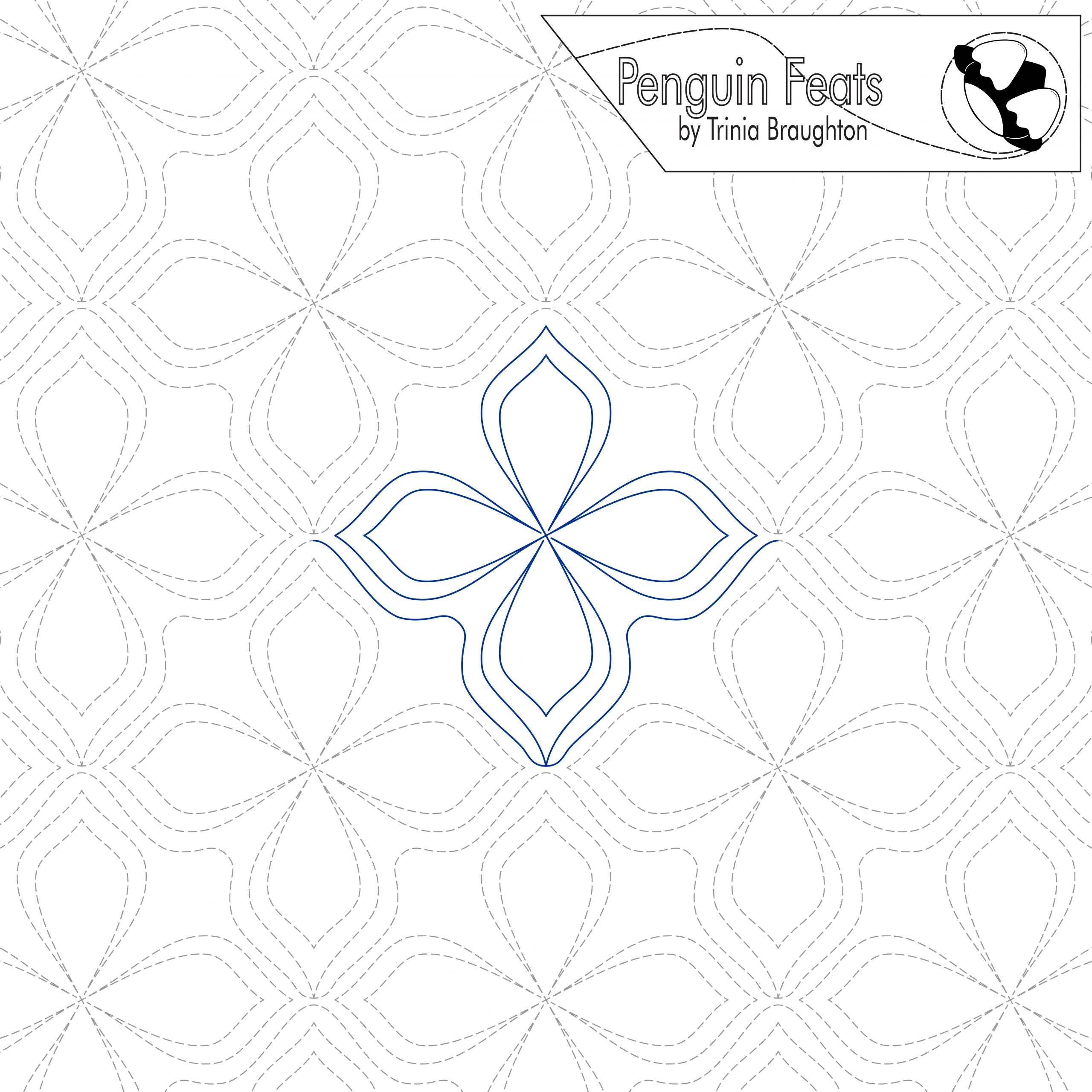 Quilting design of four petal flower with geometric design and 'Penguin Feats' branding.