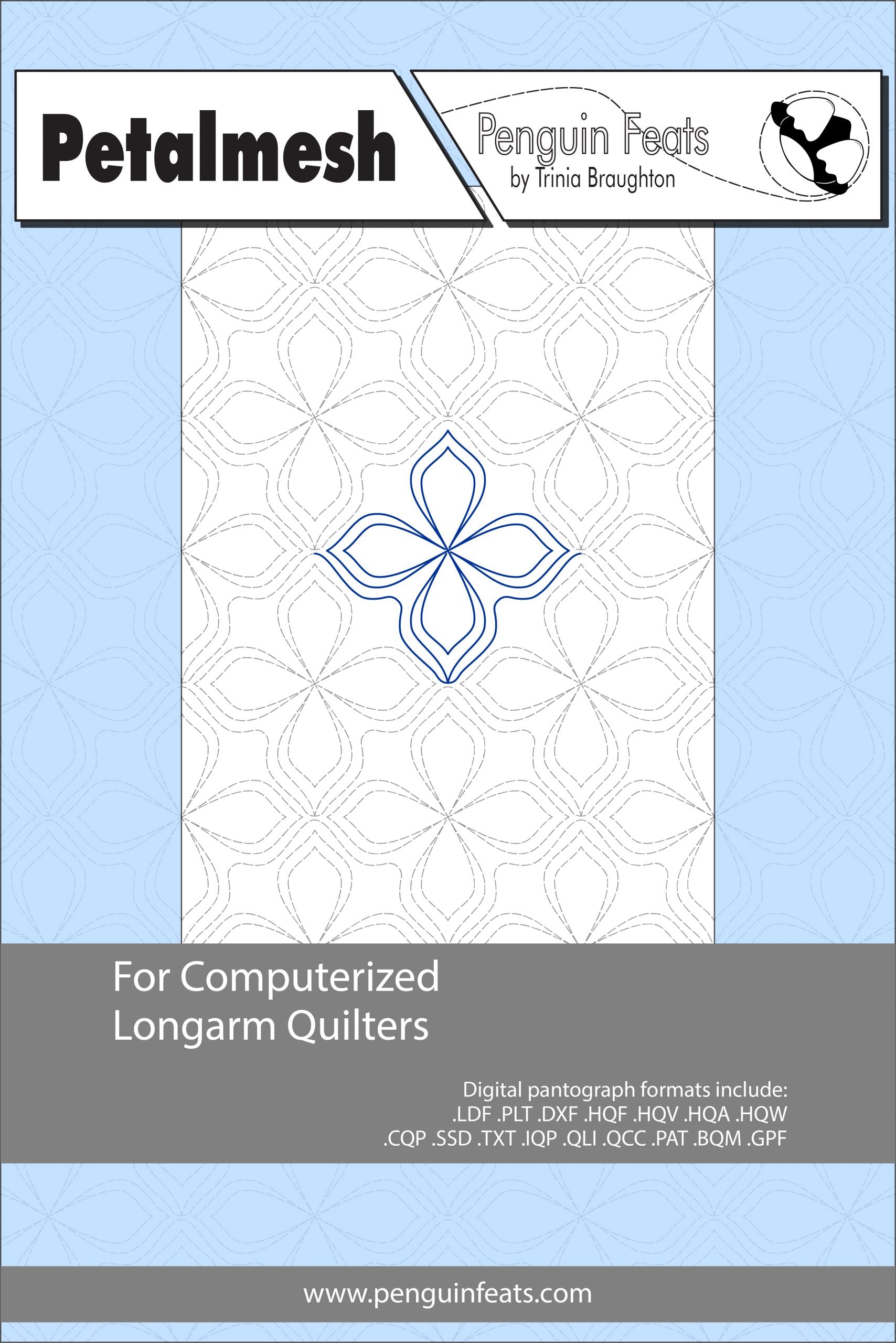 Pattern sheet for computerized longarm quilters with a blue and white design on a light blue background.