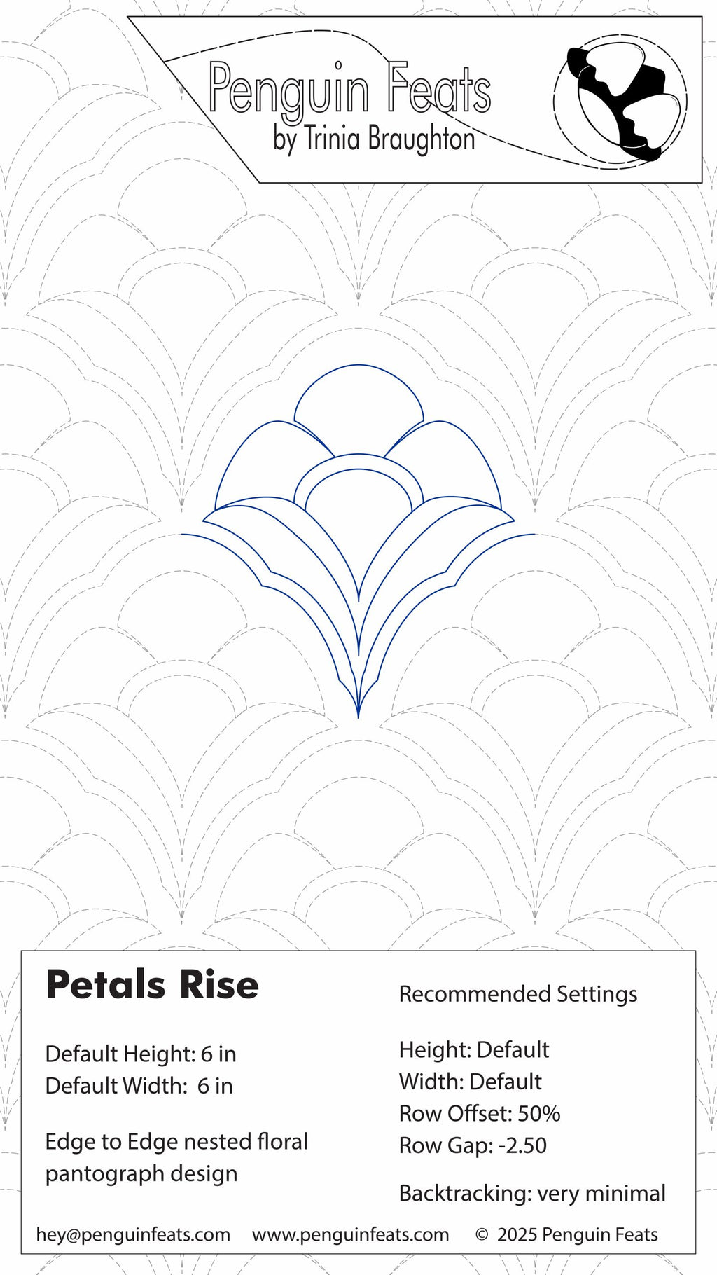 Penguin Feats pattern card for 'Petals Rise' with design settings and branding information.