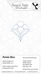 Penguin Feats pattern card for 'Petals Rise' with design settings and branding information.