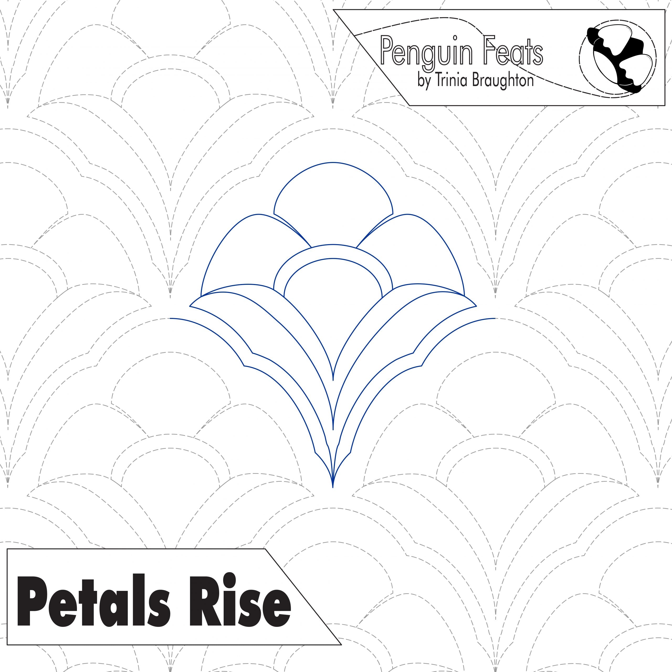 Quilting design template with 'Petals Rise' pattern and branding at the top.