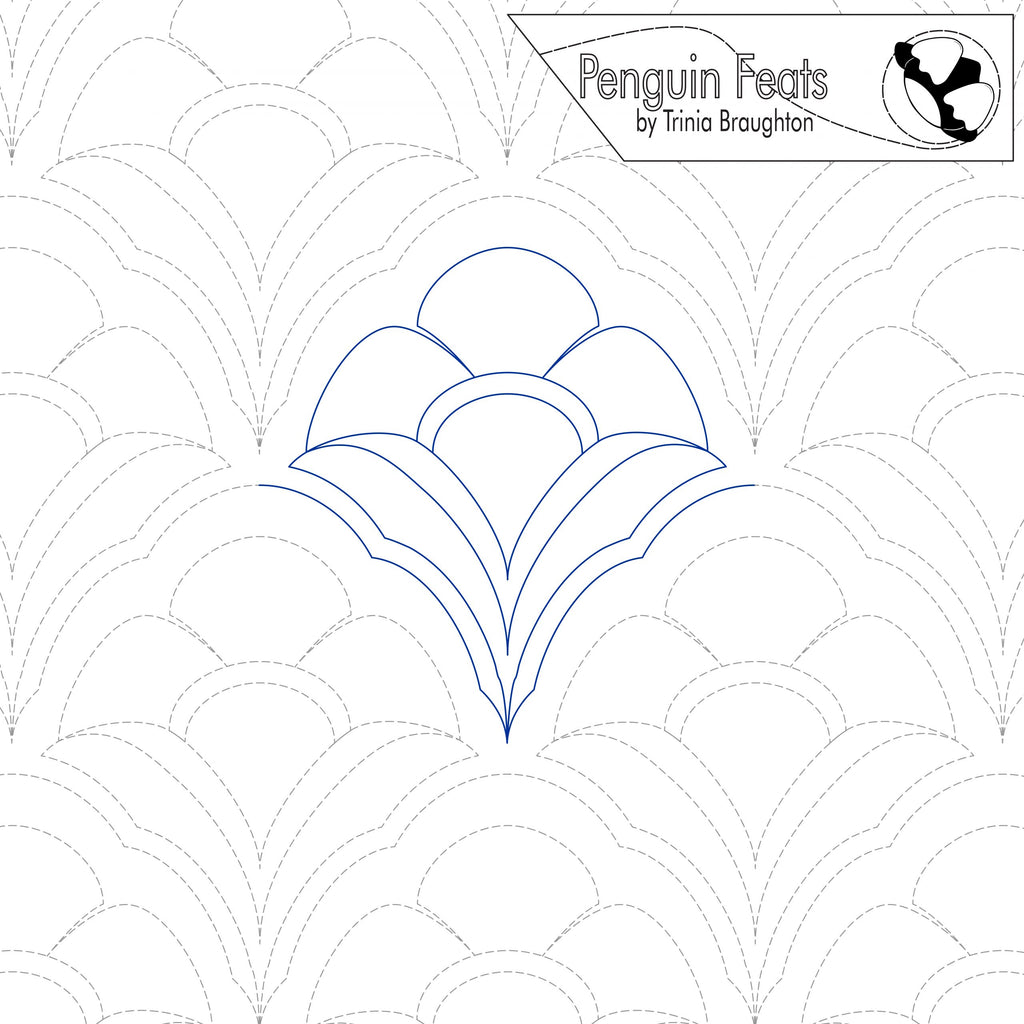 Quilting design with scalloped lines on a white background, featuring the brand 'Penguin Feats' by Trinia Braughton.
