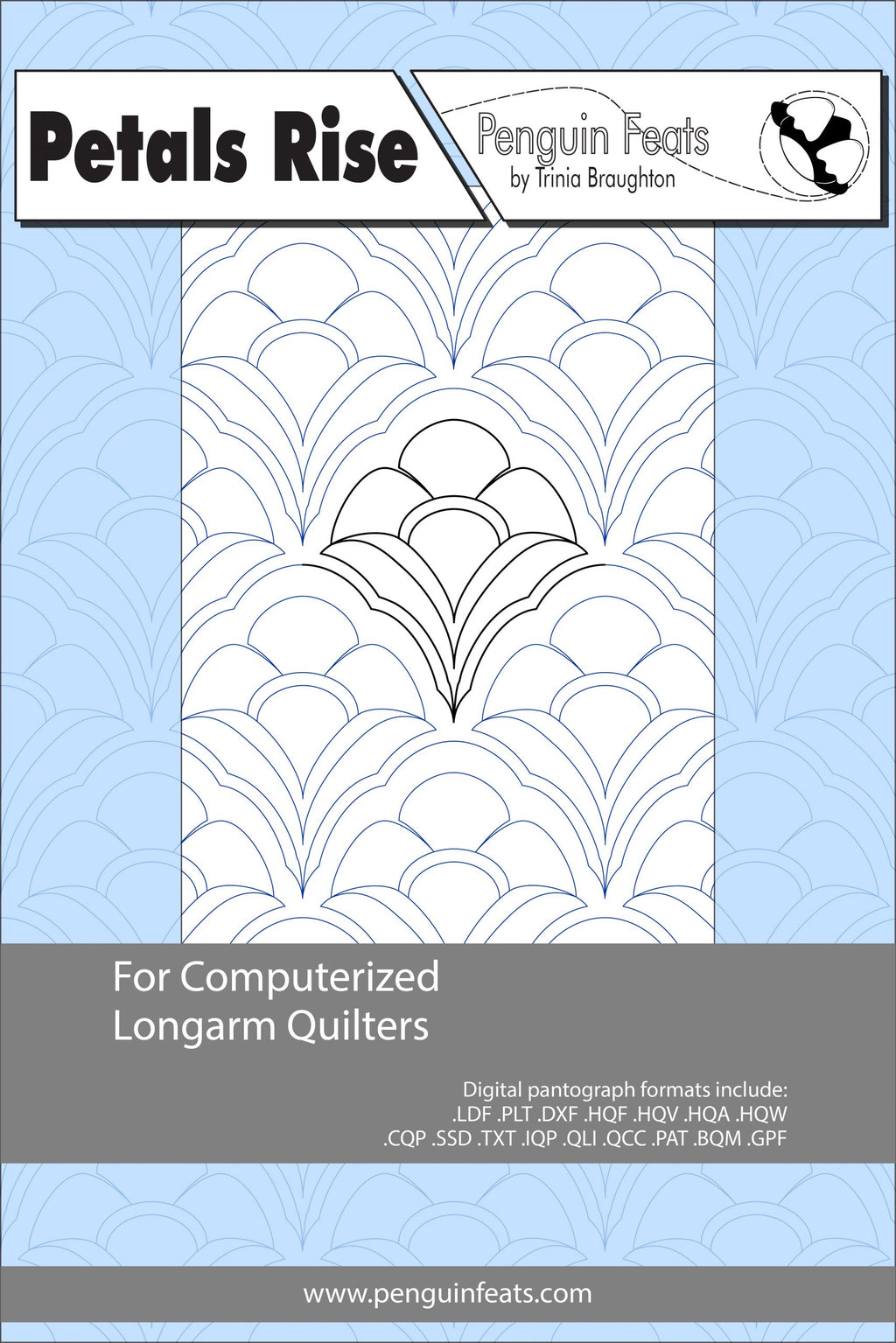 Quilting design pattern for computerized longarm quilters with 'Petals Rise' branding.