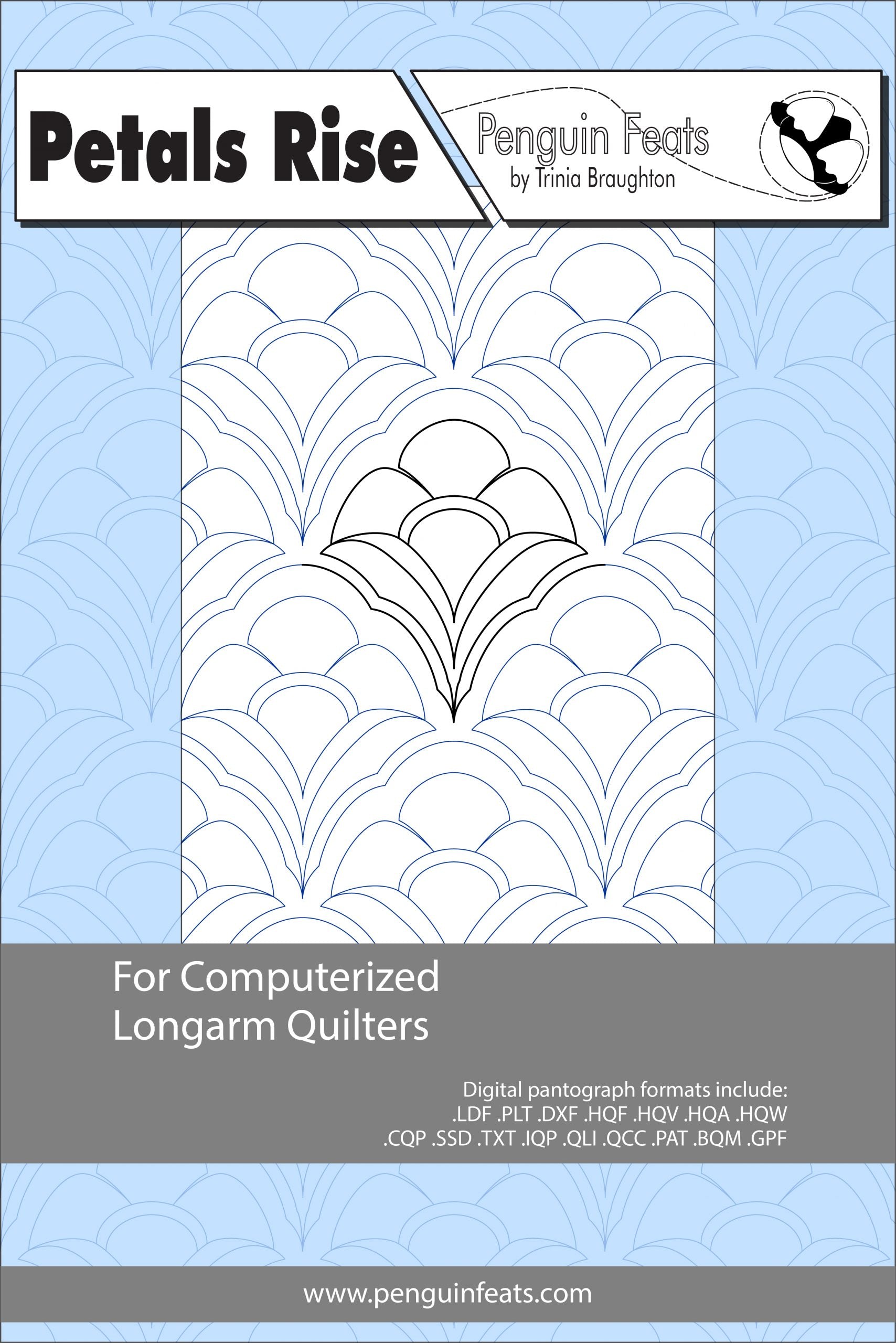Quilting design pattern for computerized longarm quilters with 'Petals Rise' branding.