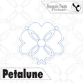 Quilting pantograph with 'Petalune' design and 'Penguin Feats' branding.