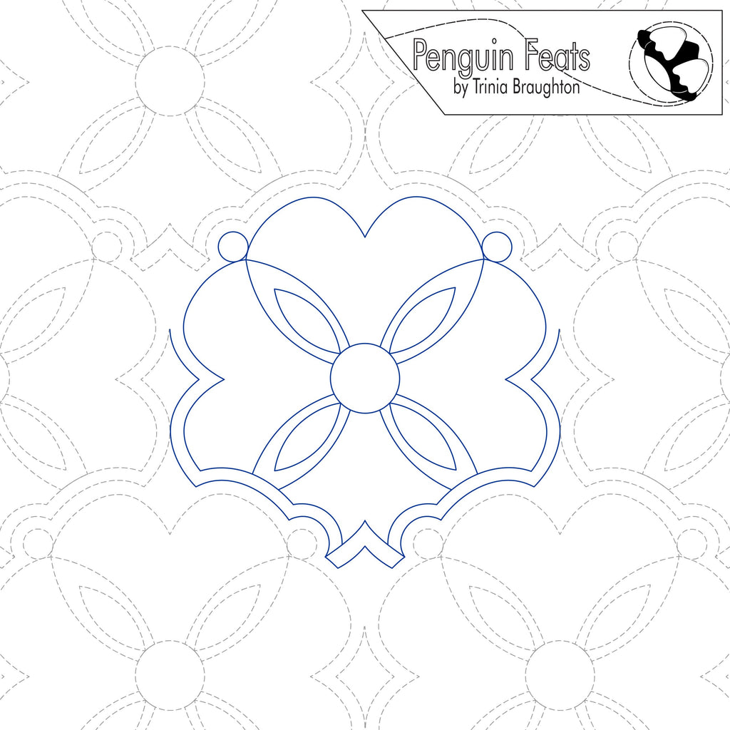 Quilting pattern with geometric shapes on a white background, featuring the brand 'Penguin Feats' by Trinia Braughton.
