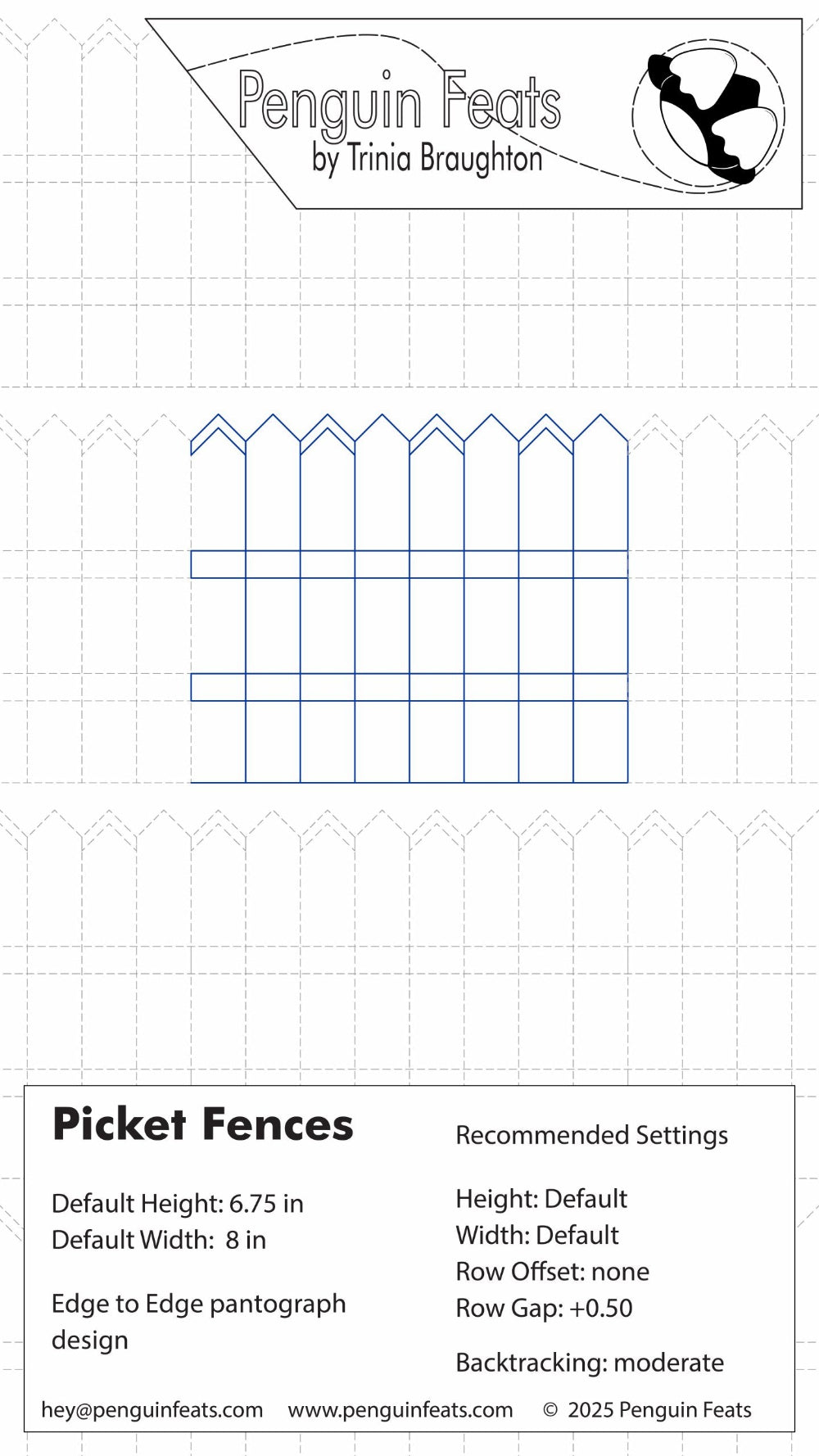 Design info sheet of picket fences with settings and Penguin Feats by Trinia Braughton branding at the top.