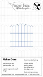 Picket gate design info sheet with design settings and Penguin Feats by Trinia Braughton branding at the top.