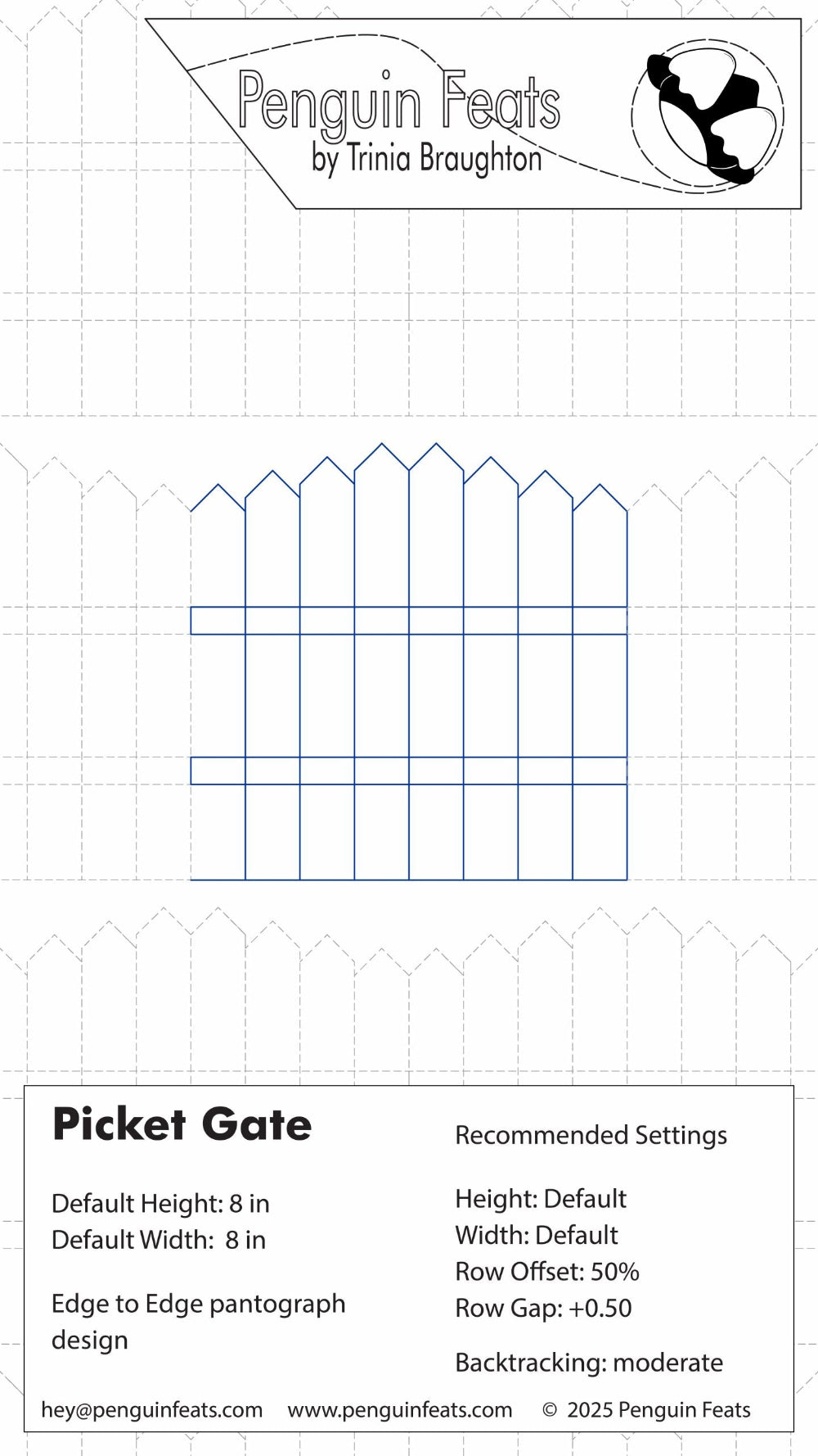 Picket gate design info sheet with design settings and Penguin Feats by Trinia Braughton branding at the top.