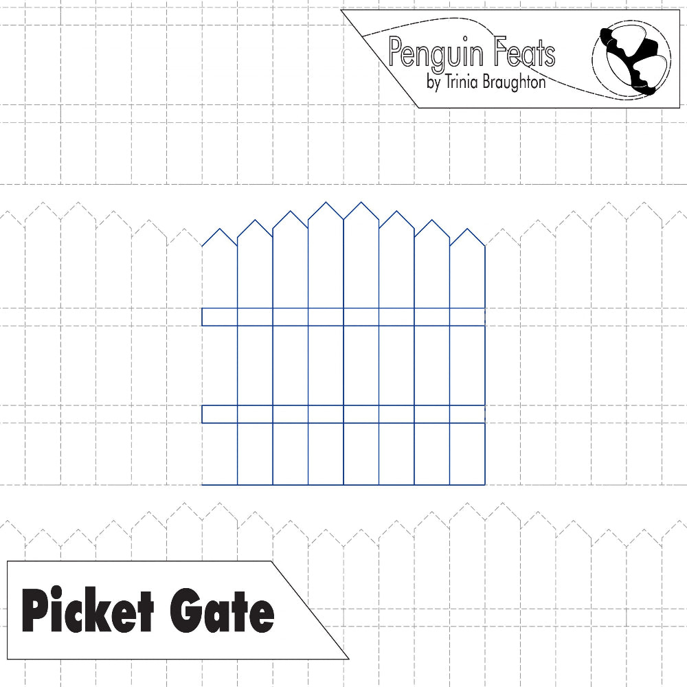 Picket gate continuous line design with repeating patterns in background and  'Penguin Feats' logo at the top.