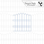 Picket gate continuous line design in blue with repeating designs in grey   and 'Penguin Feats' logo at the top.