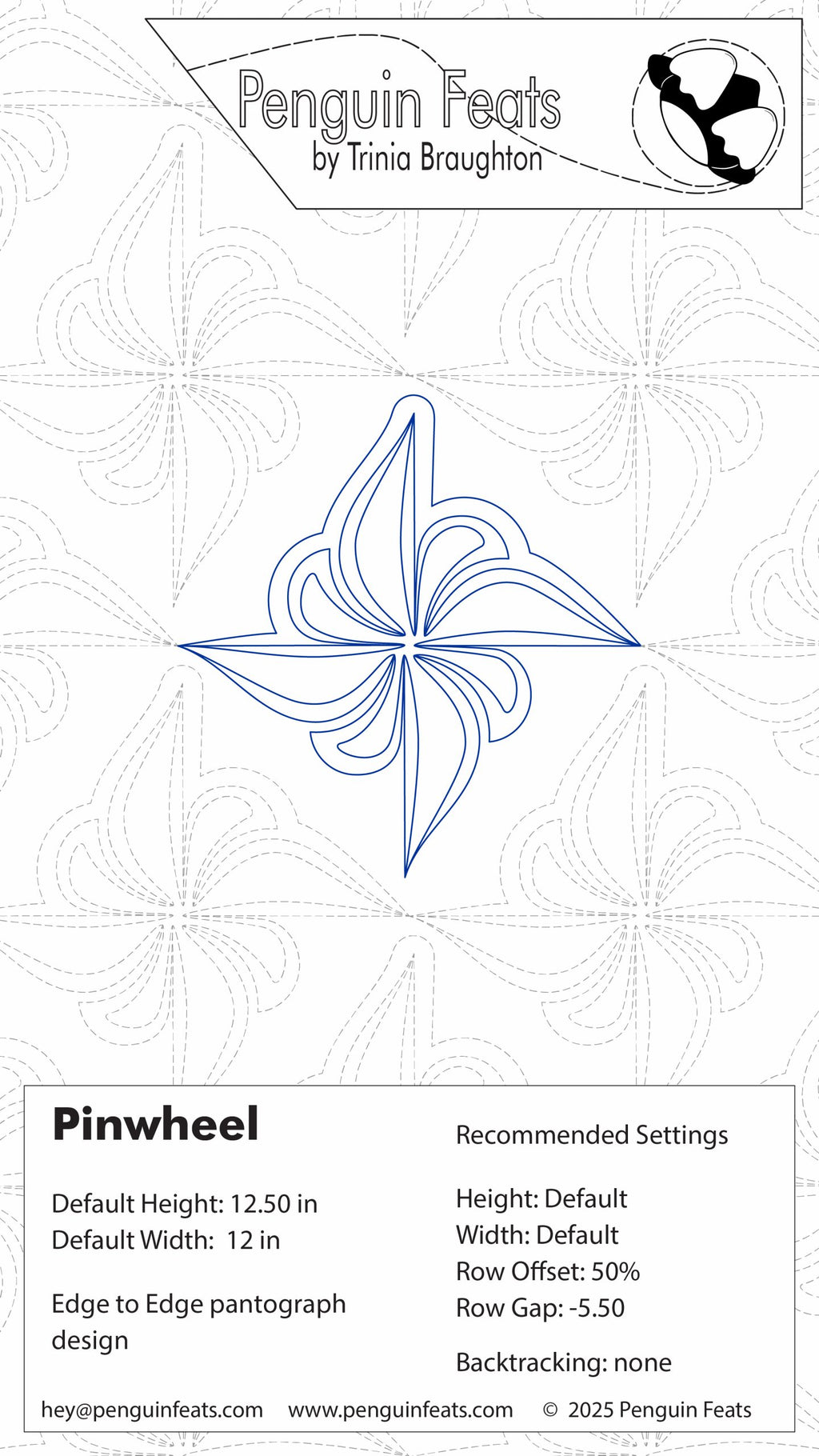 Quilting design settings page for a pinwheel pattern by Trinia Braughton with branding and technical details.