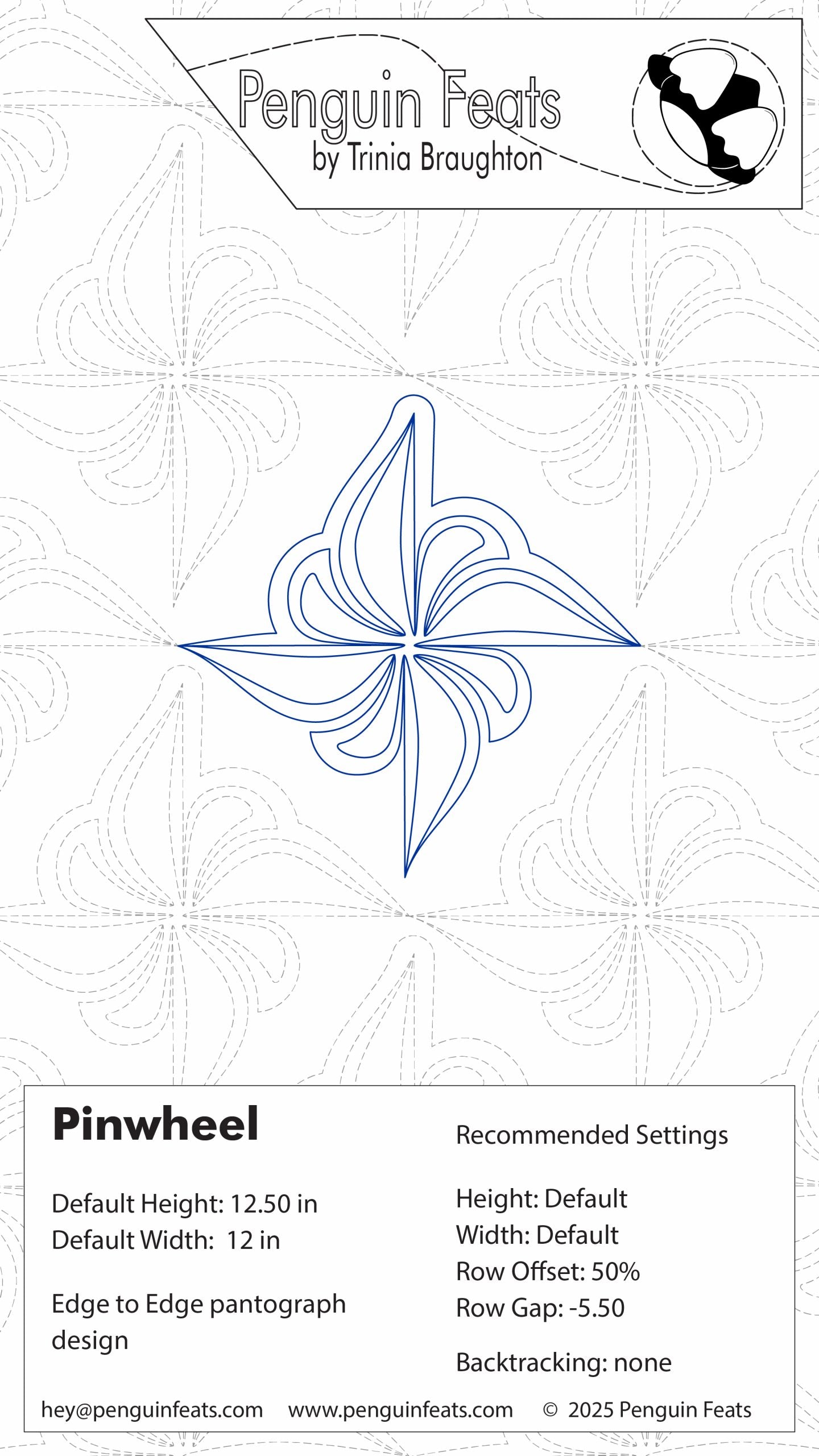 Quilting design settings page for a pinwheel pattern by Trinia Braughton with branding and technical details.