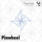 Quilt block design with a pinwheel pattern and 'Penguin Feats' branding.