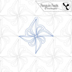 Quilting design with a blue star-like pattern on a white background, featuring the 'Penguin Feats' branding