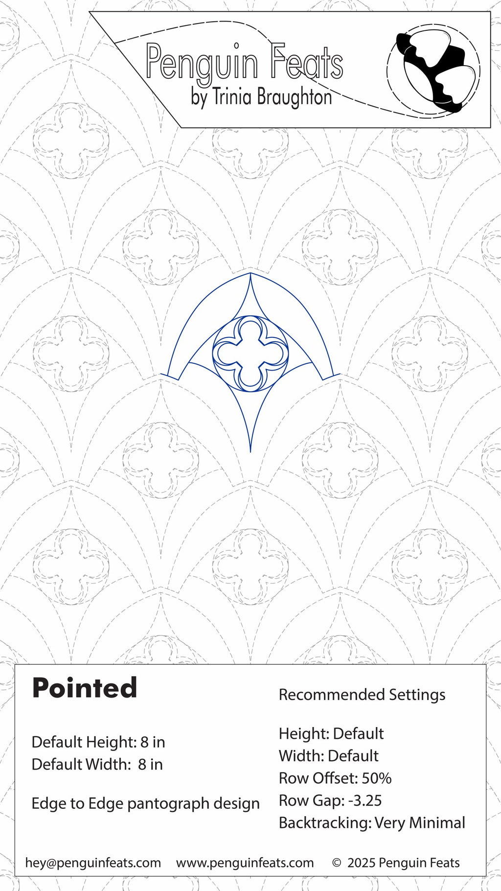 Penguin Feats by Trinia Braughton settings sheet for Pointed with a geometric arching design and text.
