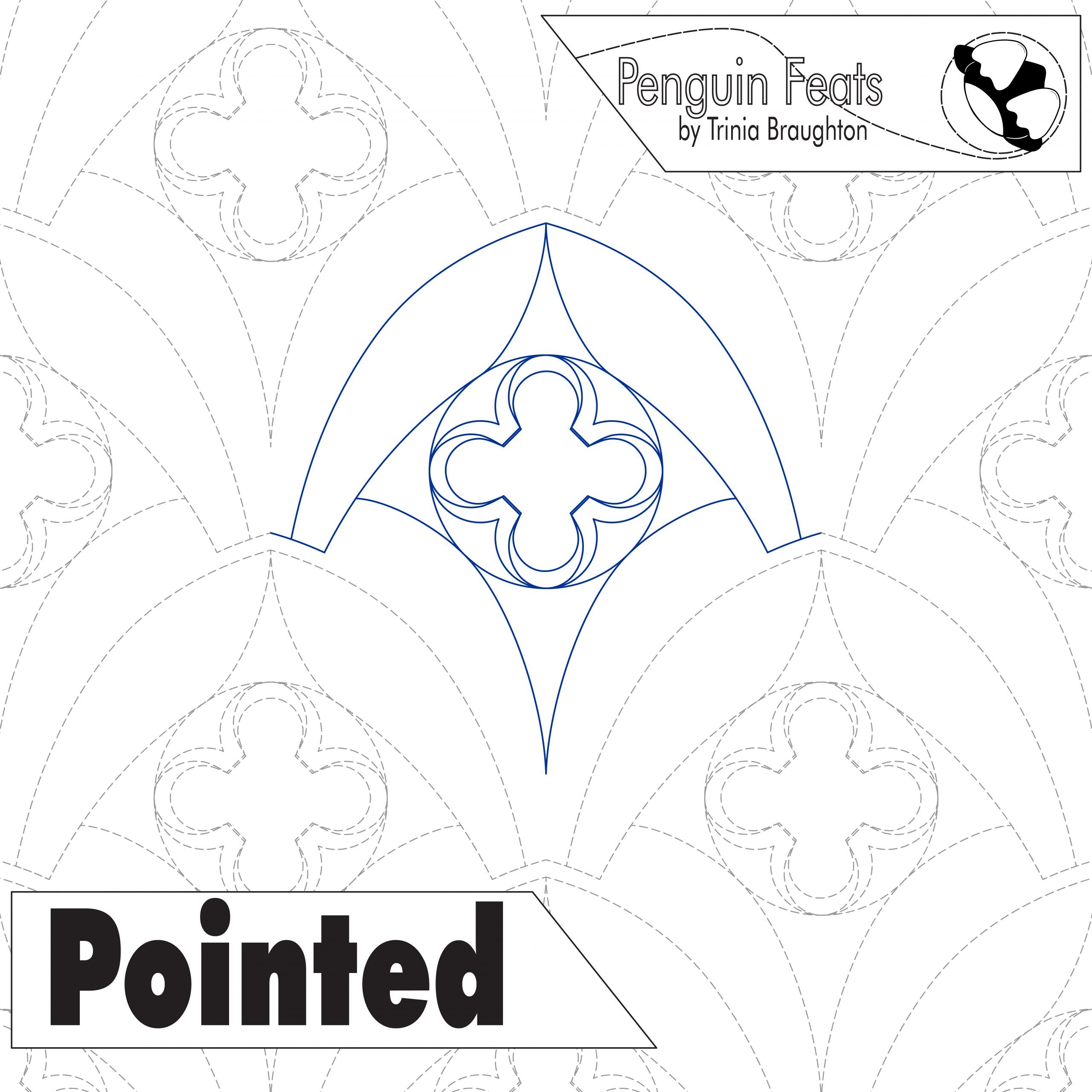 Design of a pointed arch with decorative elements on a white background, featuring the text 'Penguin Feats by Trinia Braughton' and 'Pointed'.