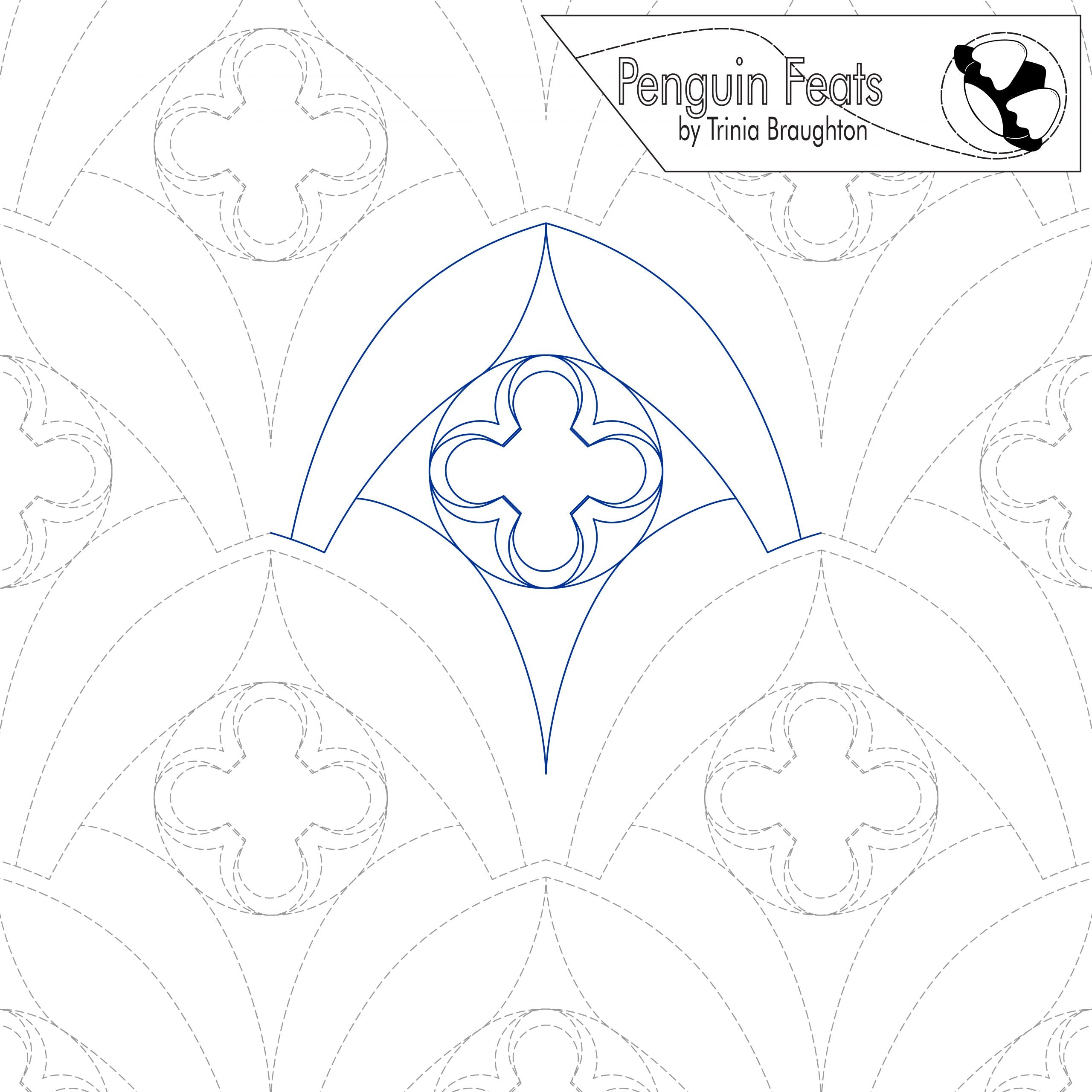 Design of a decorative arched window with decorative elements on a white background, featuring the brand 'Penguin Feats' by Trinia Braughton.