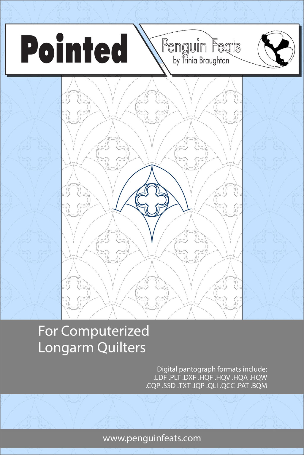 Design sheet for  'Pointed' by Penguin Feats with a blue and white design on a light blue background.