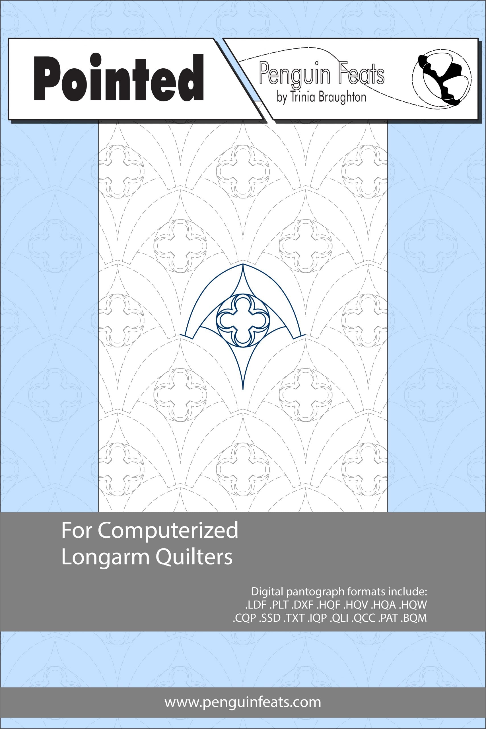 Design sheet for  'Pointed' by Penguin Feats with a blue and white design on a light blue background.