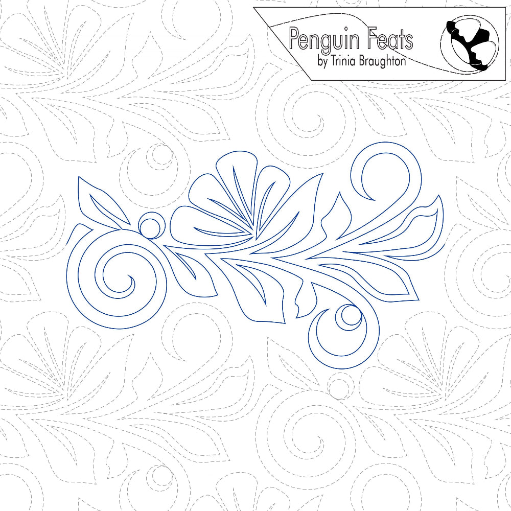 Decorative feather design on a patterned background with 'Penguin Feats' branding.