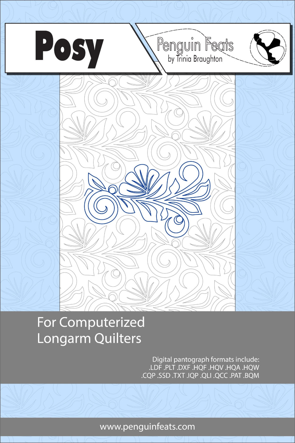 Design pattern for computerized longarm quilters with decorative element on a light blue background