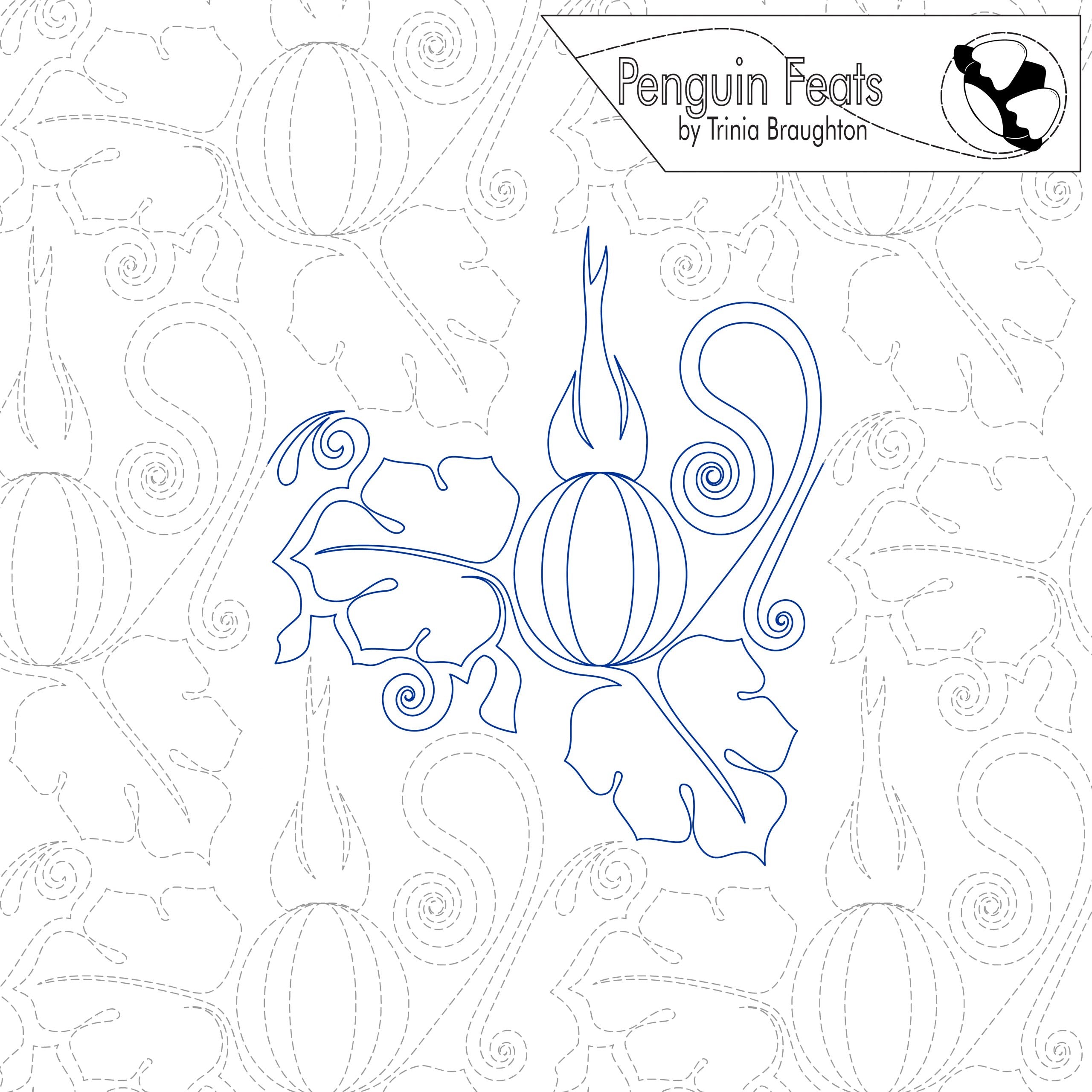 Outline design of a pumpkin with 'Penguin Feats' by Trinia Braughton branding.
