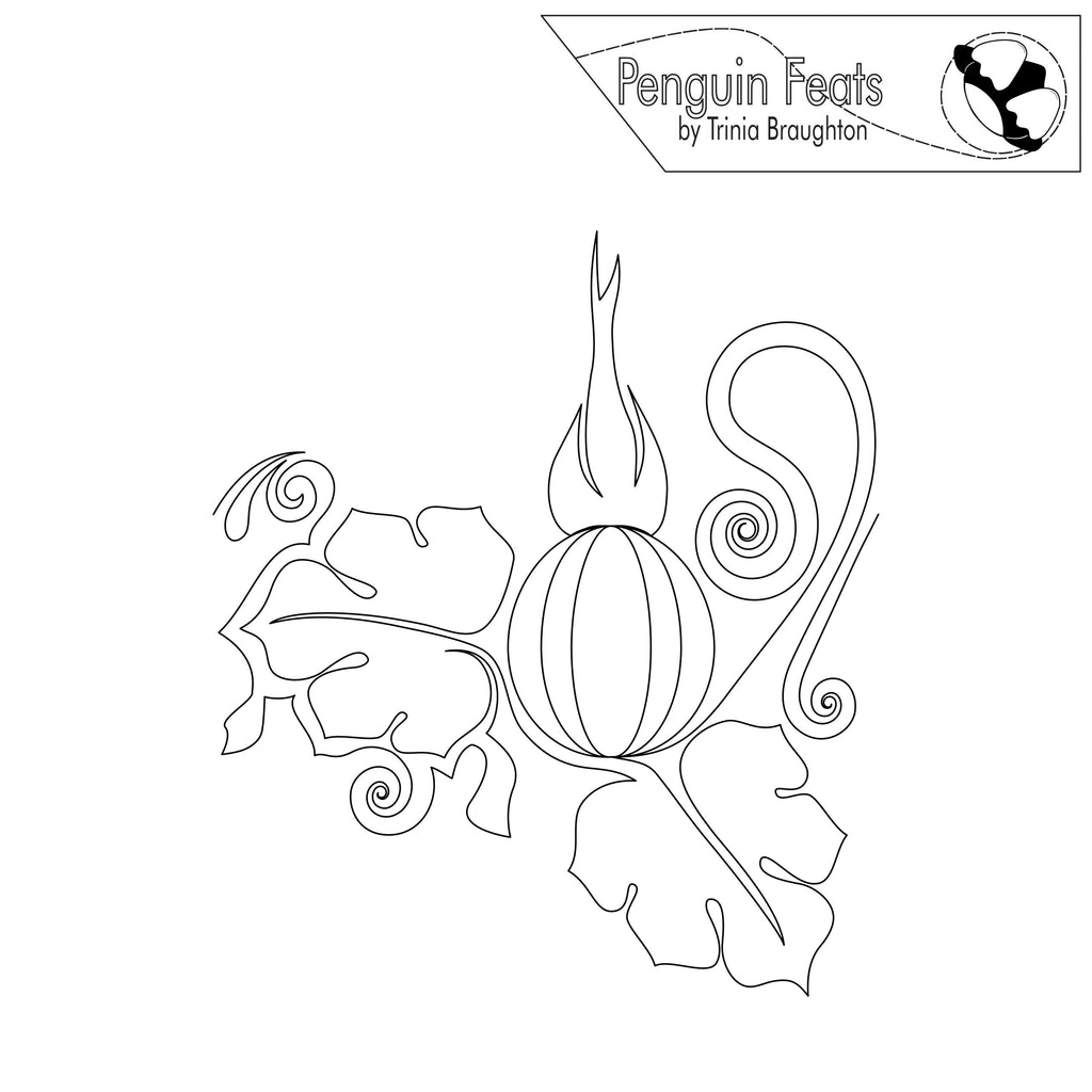 Black and white line drawing of a decorative pumpkin and leaf design with 'Penguin Feats' branding at the top.