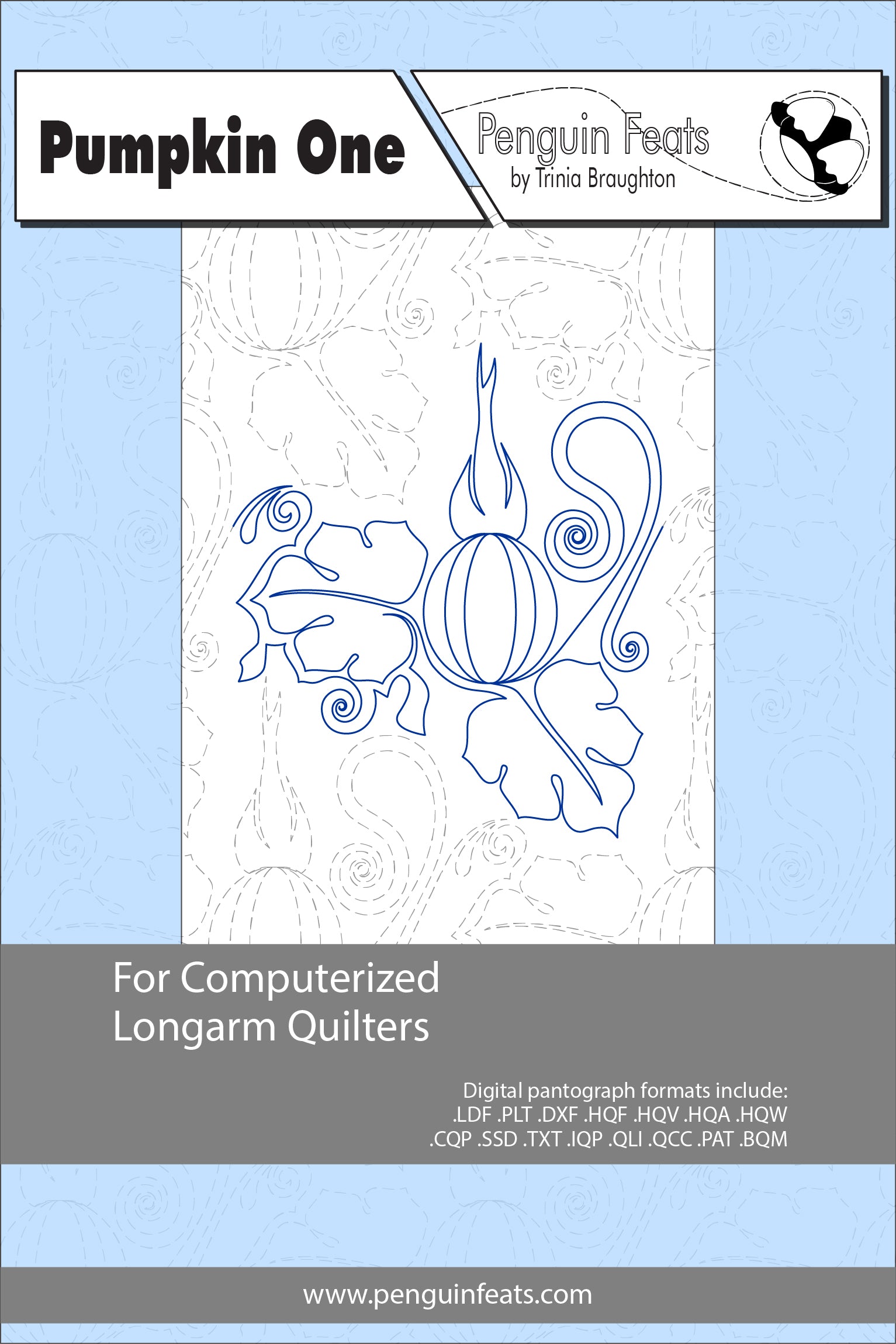 Design for computerized longarm quilters on a light blue background