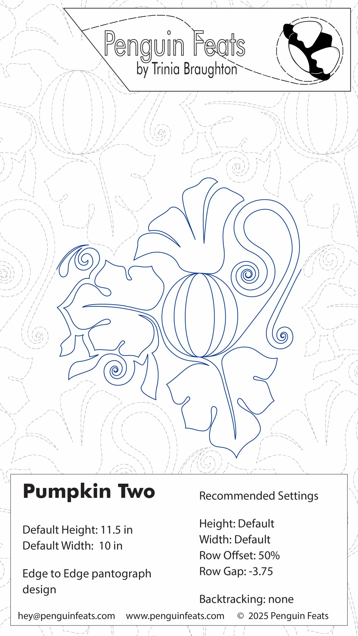 Penguin Feats pattern sheet with settings for pumpkin quilting design.